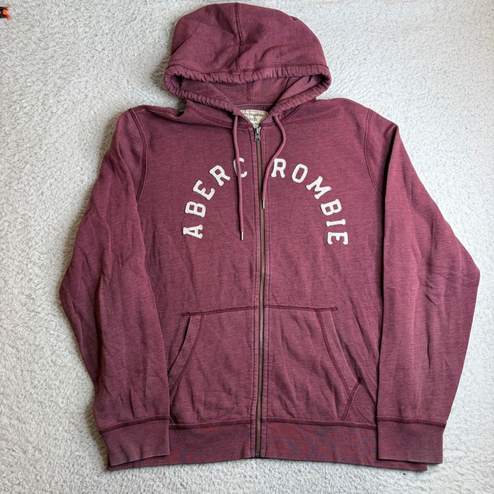 Abercrombie & Fitch Mens XL Burgundy Full Zip Applique Logo Fleece Hoodie